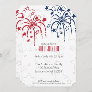 Red White & Blue Fireworks and Stars 4th of July Invitation