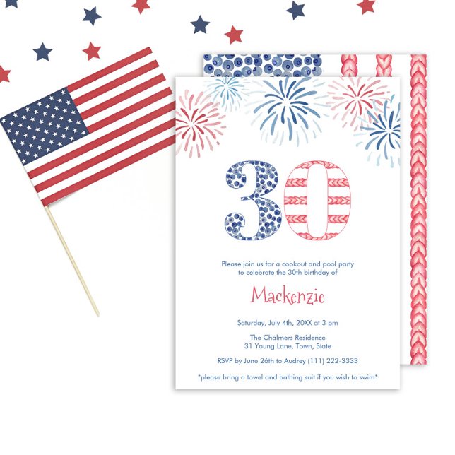 Red White Blue Fireworks BBQ 30th Birthday Party Invitation (A 30th birthday party invitation design with the American flag taking center stage)