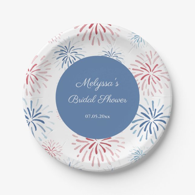 Red White Blue Fireworks Couples Shower Cookout Paper Plate (Front)