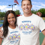 Red White Blue Fireworks July 4th Pickleball Party T-Shirt<br><div class="desc">Super fun and festive t-shirt featuring pickleball fireworks, and 3 lines of custom text. Perfect as matching friends and family shirts for your 4th of July party, pickleball club tournament team shirts, pickleball-loving family reunion shirts or just everyday fun. Also great for a Memorial Day or Veteran's Day pickleball tournament...</div>
