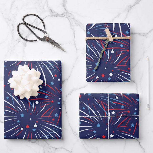 Red White Blue Fireworks Stars Wrapping Paper (Front)