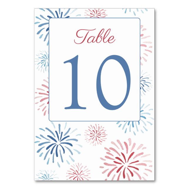 Red White Blue Fireworks Wedding Shower Table Number (Front)