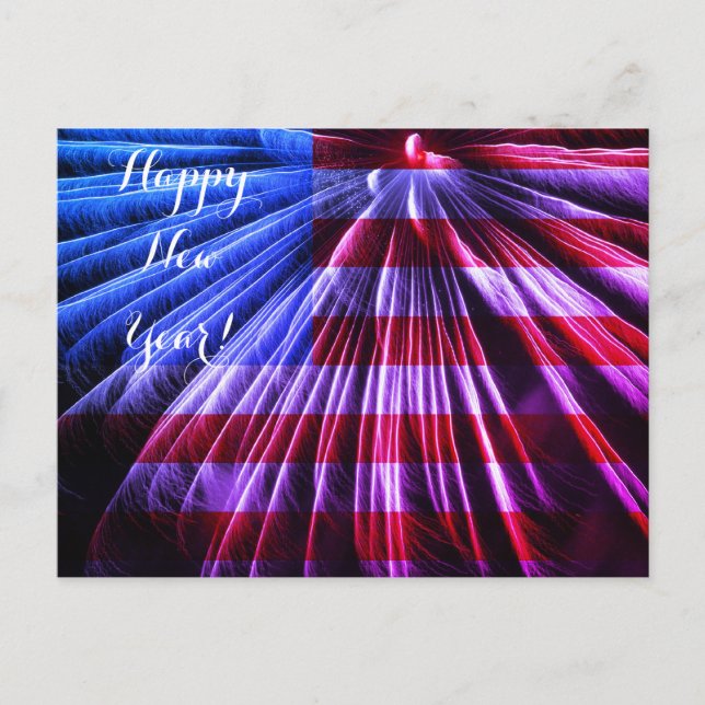 Red White & Blue Flag Fireworks Happy New Year USA Holiday Postcard (Front)