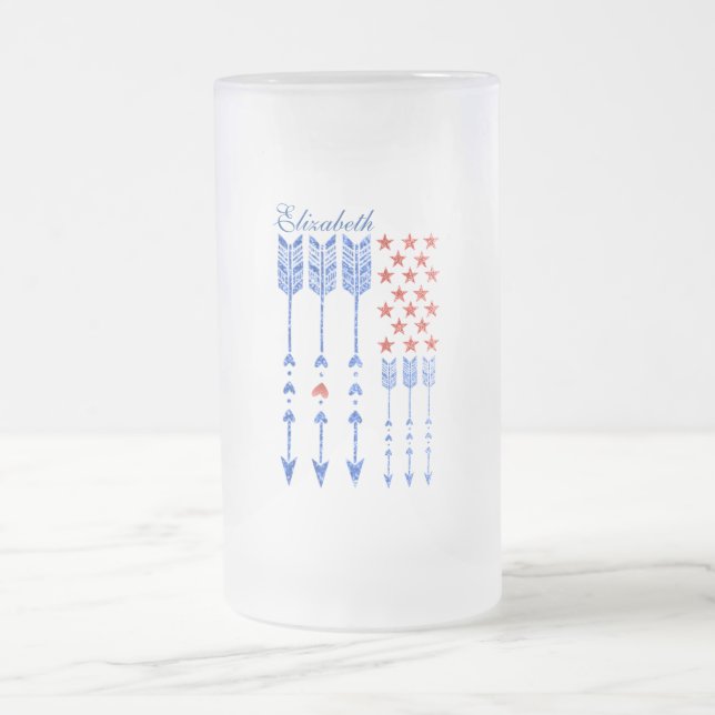 Red, white, blue, flag, stars, arrows, 4th of July Frosted Glass Beer Mug (Center)