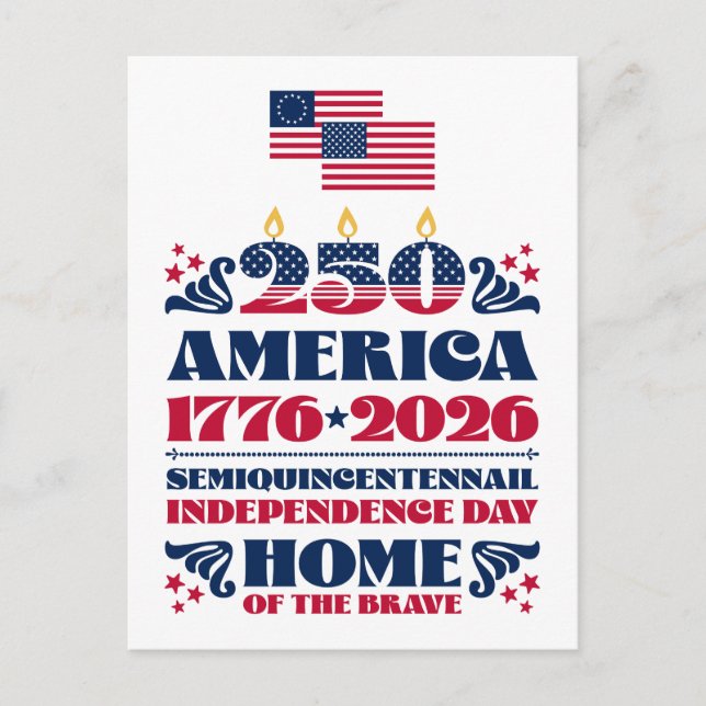 Red White Blue Flags, America's 250th Birthday Holiday Postcard (Front)