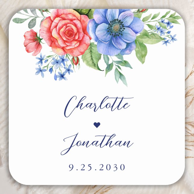 Red White Blue Floral 4th July Patriotic Wedding Square Sticker (Creator Uploaded)