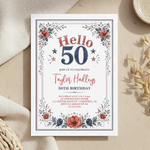 Red White & Blue Floral 50th Birthday Invitation