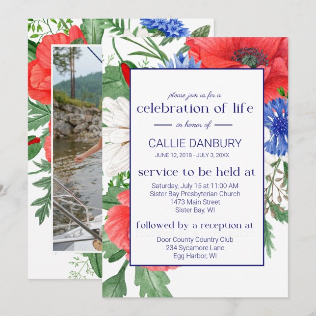 Red White Blue Floral Funeral Celebration of Life Invitation (Front/Back)