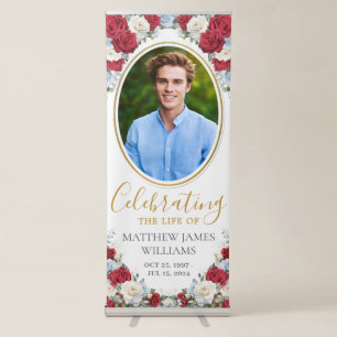 Red White Blue Floral Funeral Memorial Picture Retractable Banner