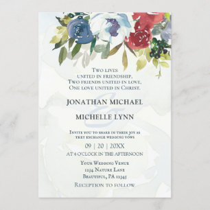 Red White Blue Floral Greenery Christian Wedding Invitation