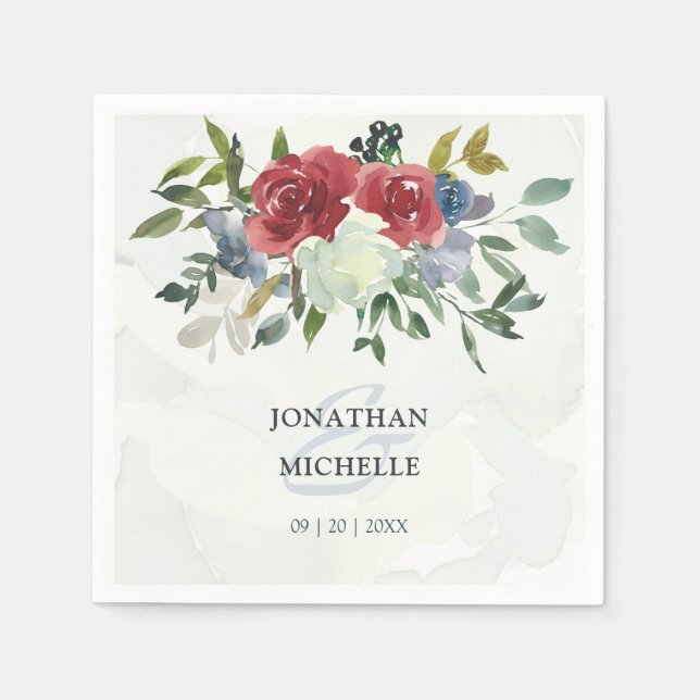 Red White Blue Floral Greenery Watercolor Wedding Napkin (Front)