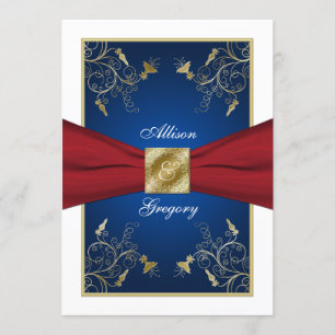 Red White Blue Floral Monogram Wedding Invitation