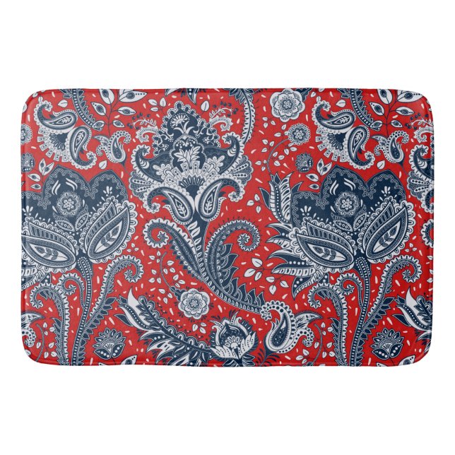Red White & Blue Floral Paisley Bohemian Boho Bath Mat (Front)