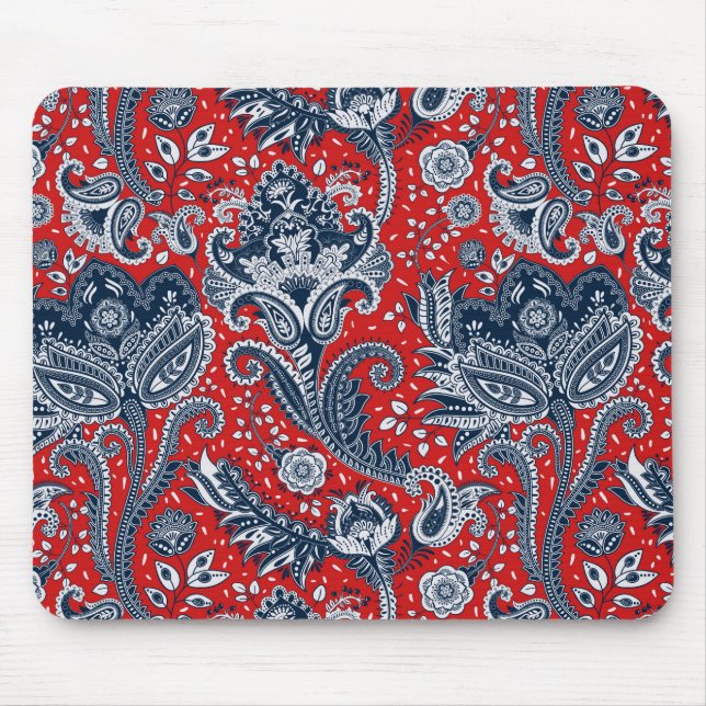 Red White & Blue Floral Paisley Bohemian Boho Mouse Mat (Front)
