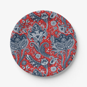 Red White & Blue Floral Paisley Bohemian Boho Paper Plate