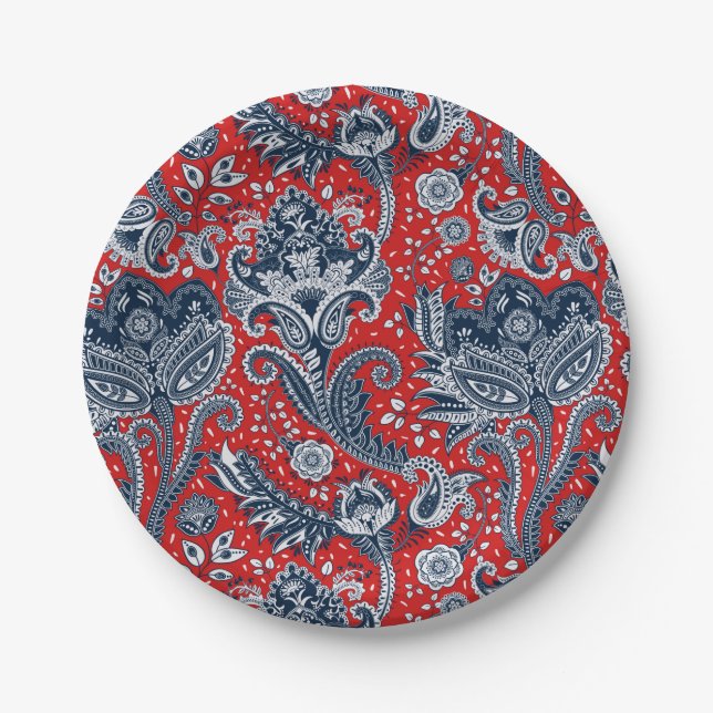 Red White & Blue Floral Paisley Bohemian Boho Paper Plate (Front)