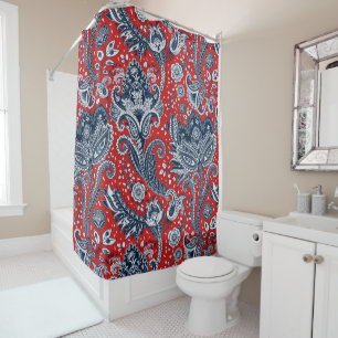 Red White & Blue Floral Paisley Bohemian Boho Shower Curtain