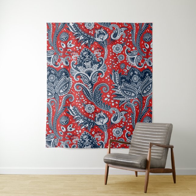 Red White & Blue Floral Paisley Bohemian Boho Tapestry (In Situ)