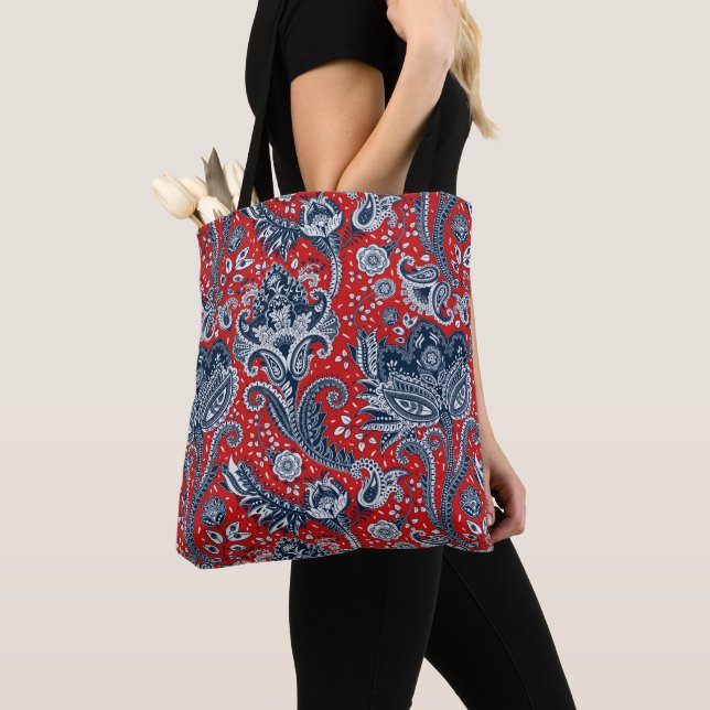 Red White & Blue Floral Paisley Bohemian Boho Tote Bag (Close Up)