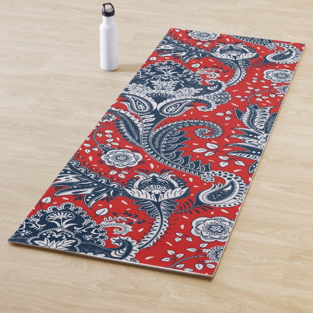 Red White & Blue Floral Paisley Bohemian Boho Yoga Mat (In Situ)