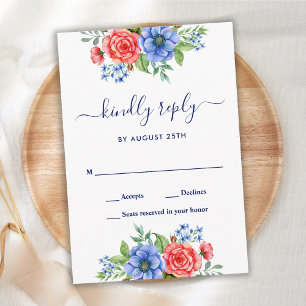 Red White Blue Floral Patriotic Wedding RSVP  Card