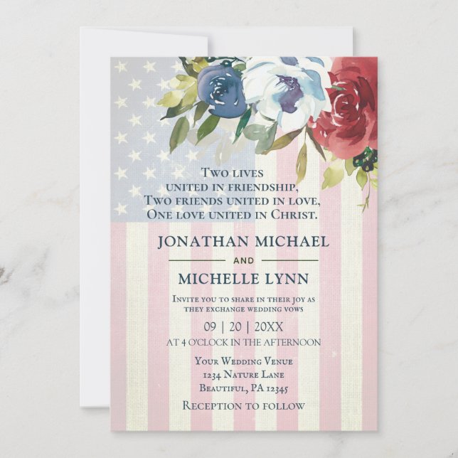 Red White Blue Floral USA Flag Christian Wedding Invitation (Front)