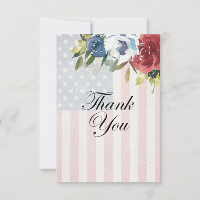 Red White Blue Floral USA Flag Patriotic Thank You Card (Front)