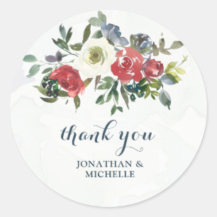 Red White Blue Floral Watercolor Thank You Wedding Classic Round Sticker