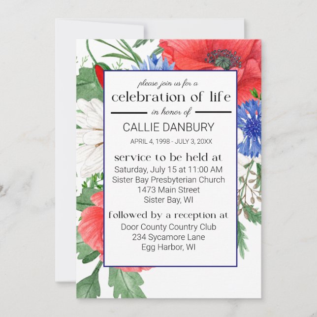 Red White & Blue Florals Funeral Photo Invitation (Front)
