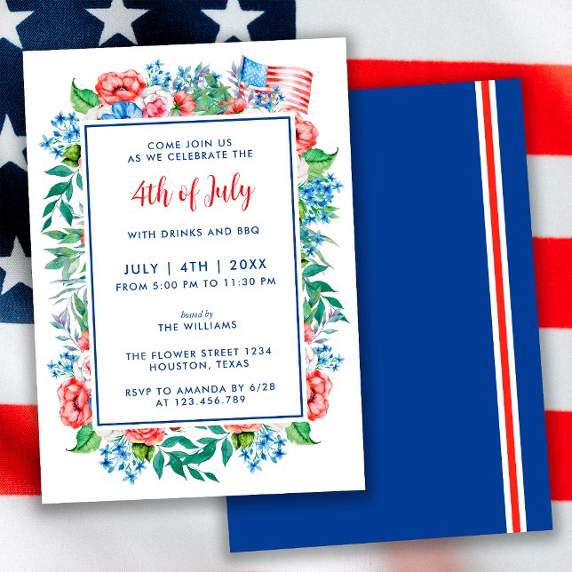 Red White Blue Flowers 4th Of July Party Patriotic Invitation (Creator Uploaded)
