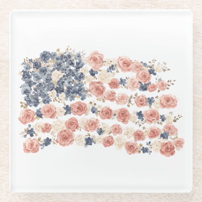 Red White Blue Flowers Glass Coaster (Front)