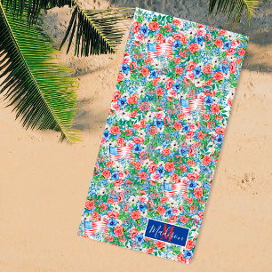 Red White Blue Flowers Monogram Name 4th Of July Beach Towel
