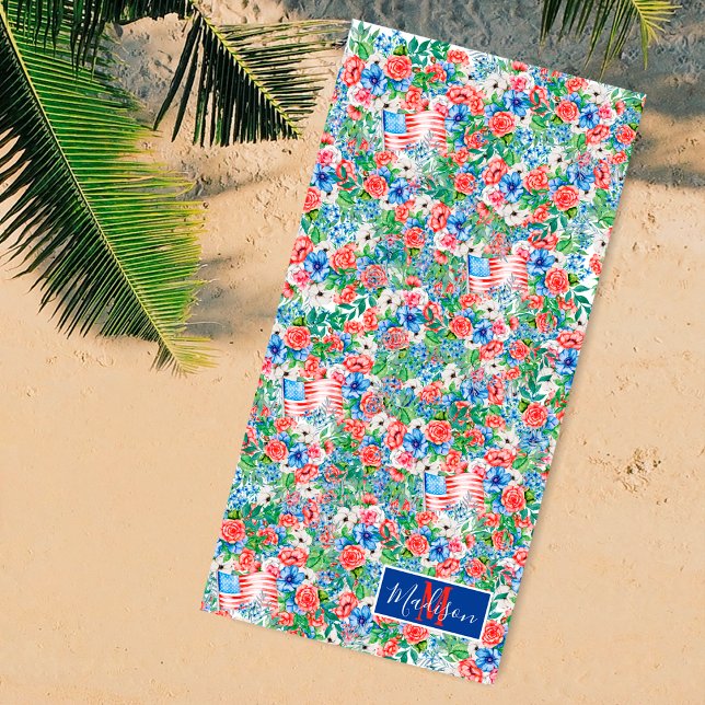 Red White Blue Flowers Monogram Name 4th Of July Beach Towel (Creator Uploaded)