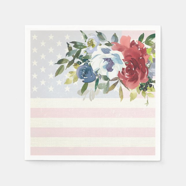 Red White Blue Flowers USA Flag Patriotic Napkins (Front)