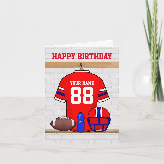 Red White Blue Football Jersey Happy Birthday Card (Front)