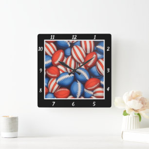 Red White Blue Football  Square Wall Clock