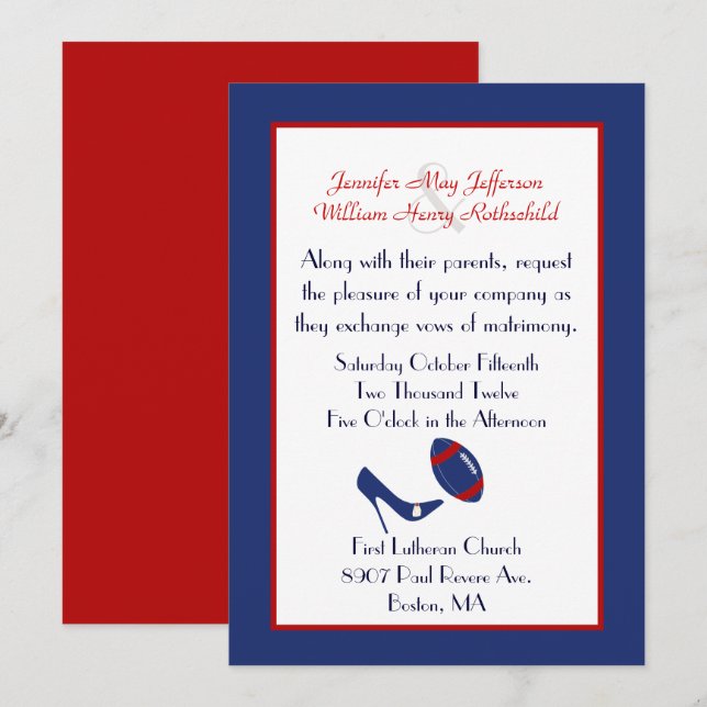 Red, White, & Blue Football Wedding Invitation (Front/Back)