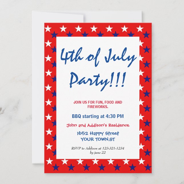 Red White Blue Fourth of JULY  simple STARS  Invitation (Front)