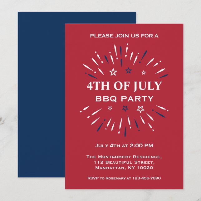 Red White Blue Fun Fireworks 4th Of July BBQ Party Invitation (Front/Back)