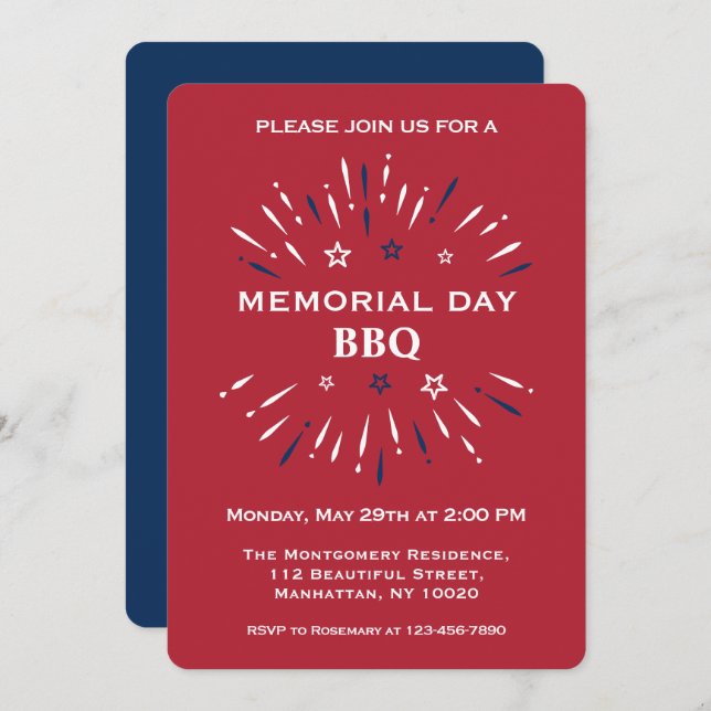 Red White Blue Fun Fireworks Memorial Day BBQ Invitation (Front/Back)