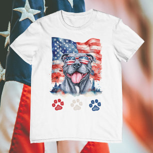 Red White Blue Funny Grey Pitbull Dog 4th of July T-Shirt