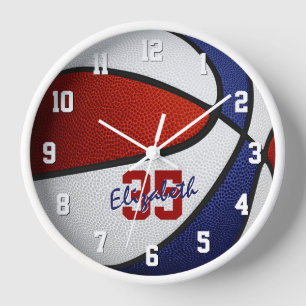 red white blue girls boys basketball personalised clock