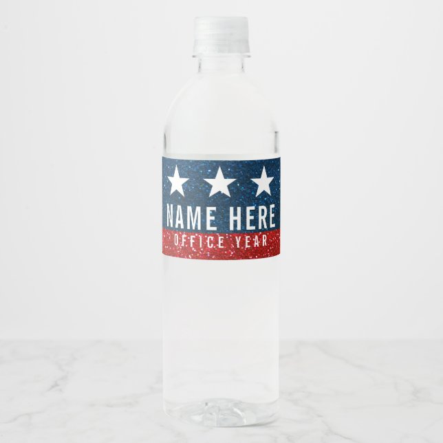 Red White Blue Glitter American Campaign Template Water Bottle Label (Front)
