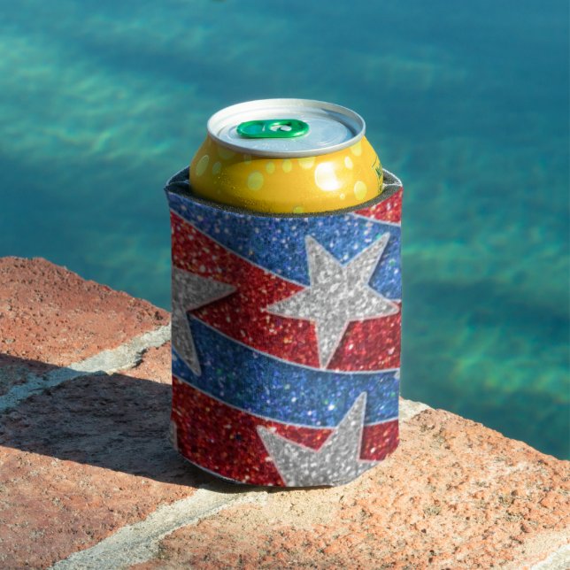 Red White Blue Glitter American Flag Stars Stripes Can Cooler (In Situ Pool)
