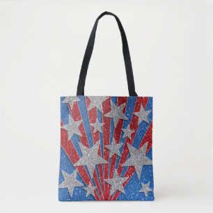 Red White Blue Glitter American Flag Stars Stripes Tote Bag