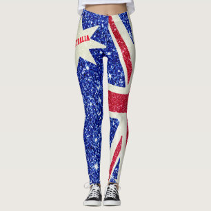 Red White & Blue Glitter, Australia Flag Womens Leggings