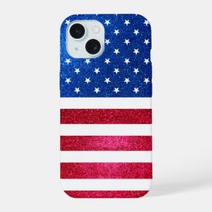 Red White Blue Glitter Patriotic American Flag iPhone 15 Case