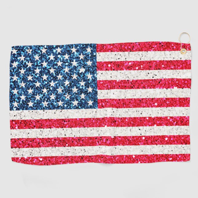 Red White Blue Glitter Patriotic American USA Flag Golf Towel (Horizontal)