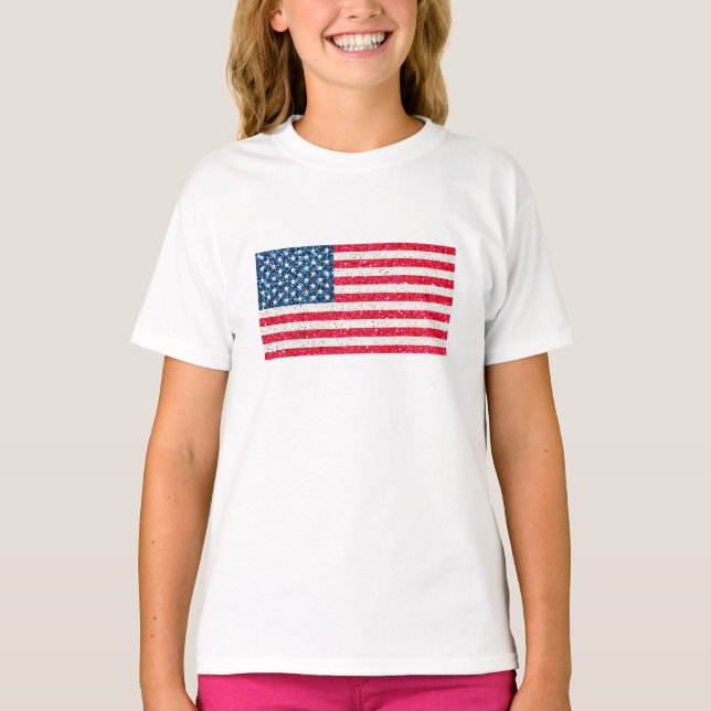 Red White Blue Glitter Patriotic American USA Flag T-Shirt (Front)