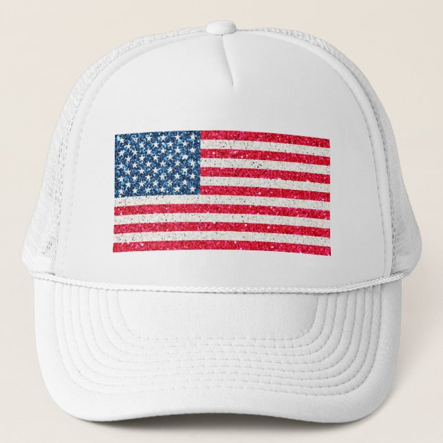 Red White Blue Glitter Patriotic American USA Flag Trucker Hat (Front)